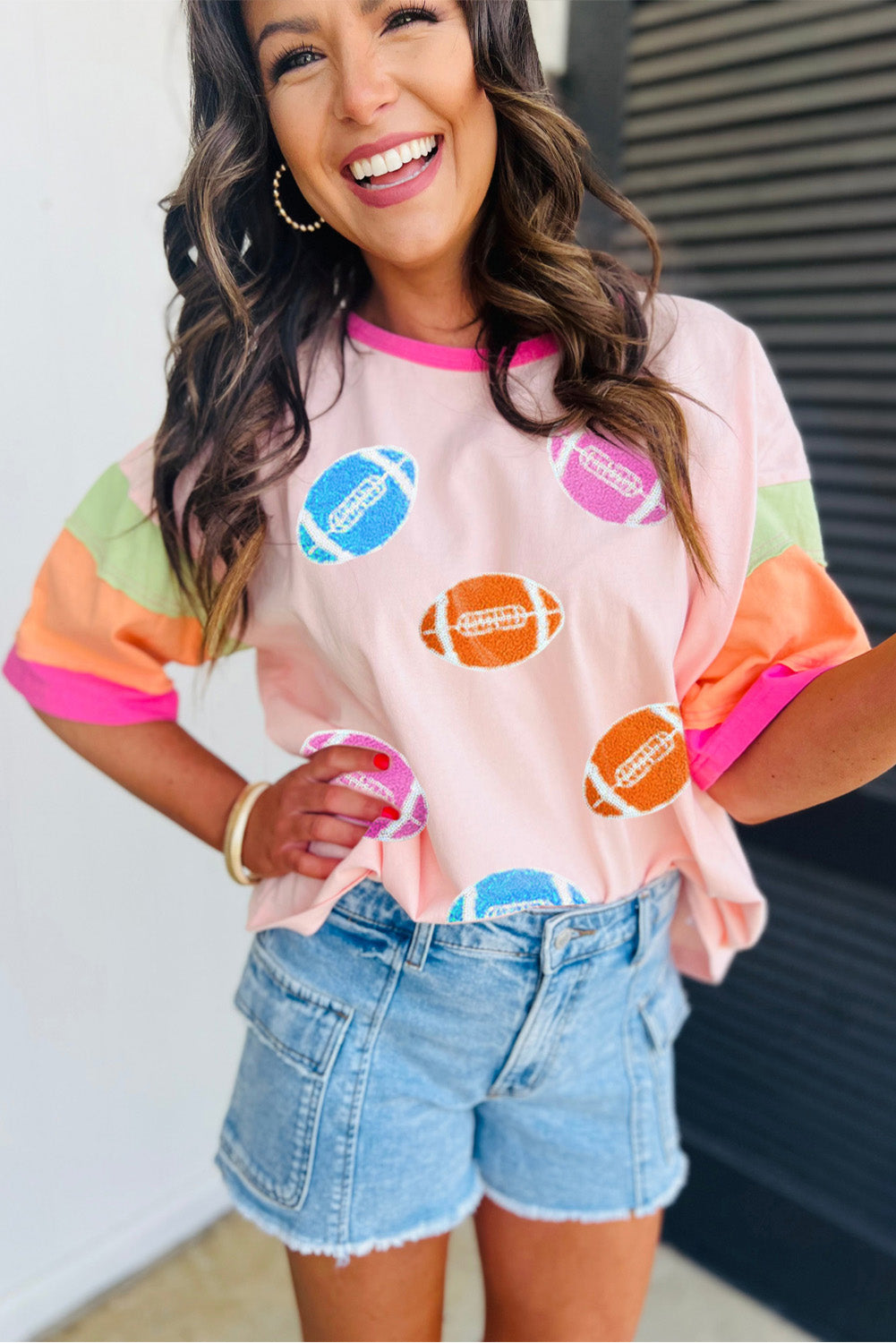 Pink Rugby Chenille Embroidered Color Block Half Sleeve T Shirt - Aaria Tees Aaria Tees
