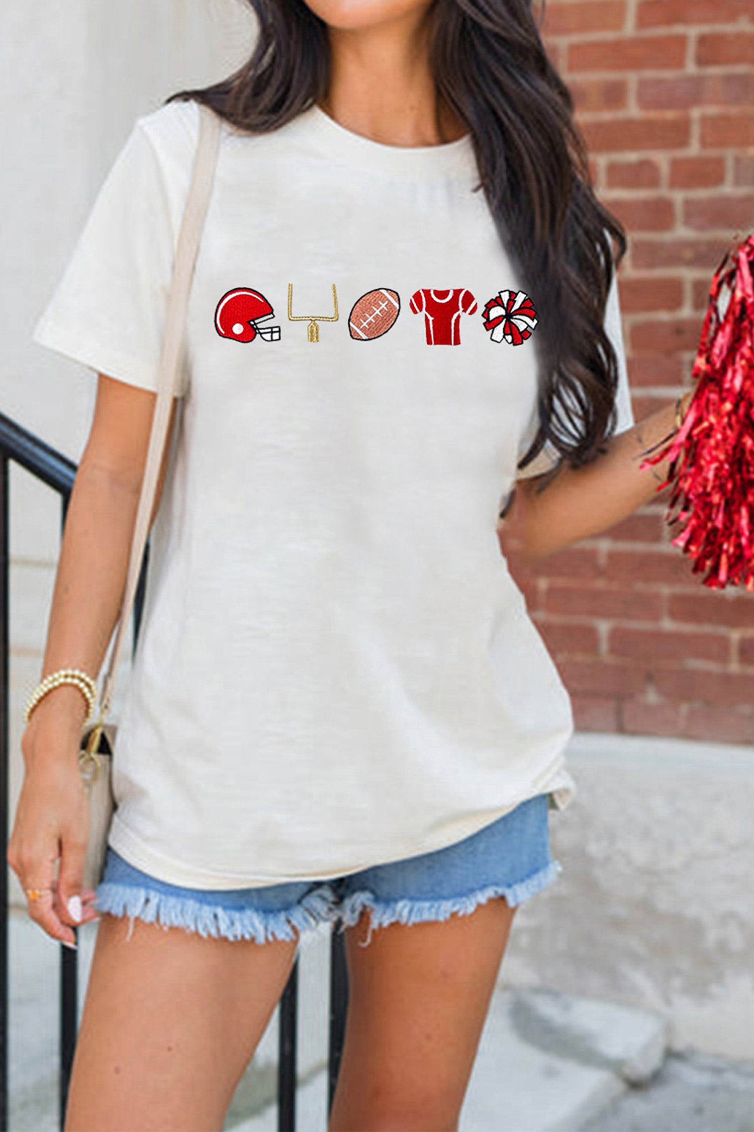 White Embroidered Game Day Theme Football Graphic Tee - Aaria Tees Aaria Tees