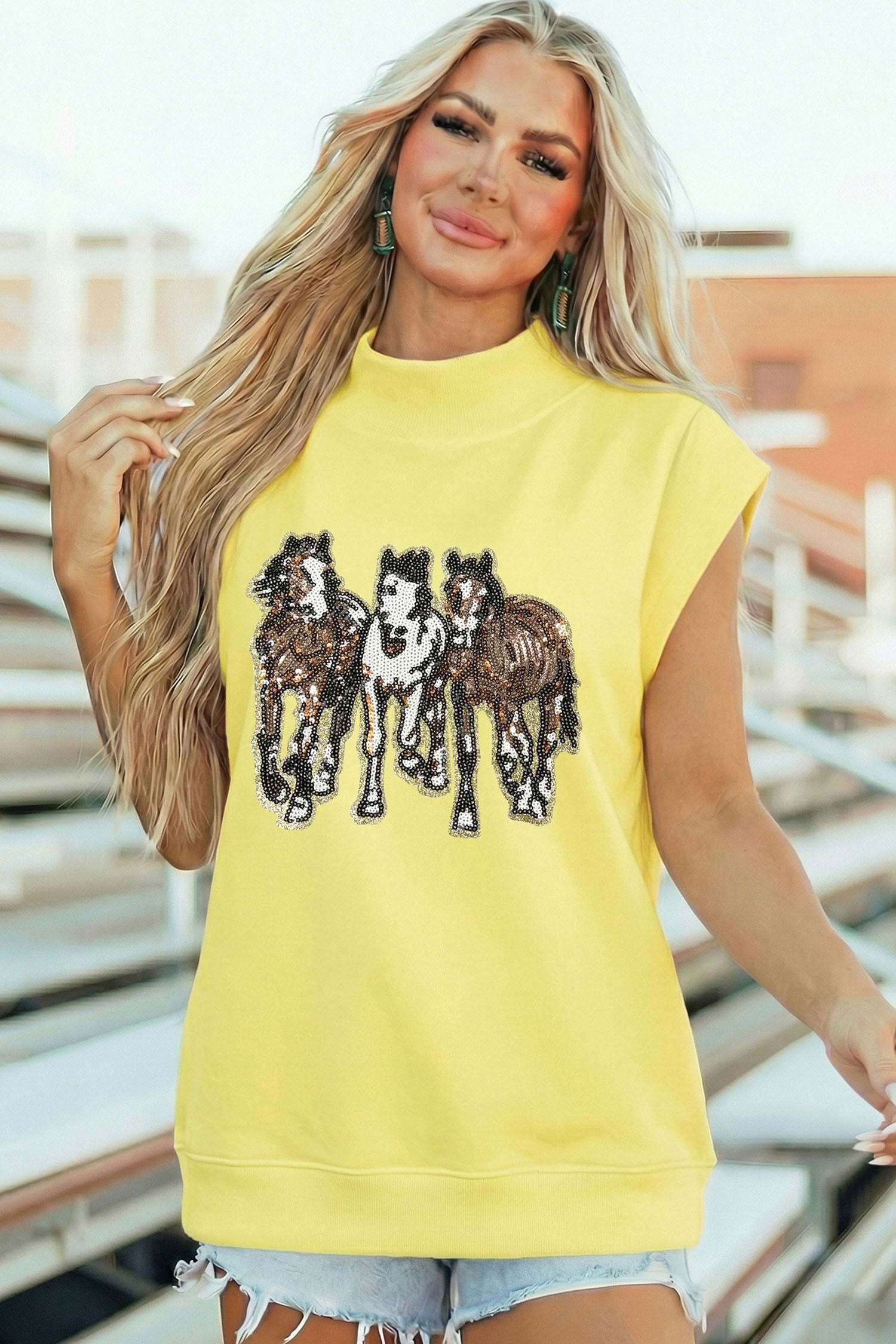 Yellow High Neck Sequin Horse Cap Sleeve Tunic Top - Aaria Tees Aaria Tees
