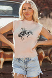Oatmeal HOWDY Rodeo Cowboy Graphic High Neck Short Sleeve Sweater Aaria Tees
