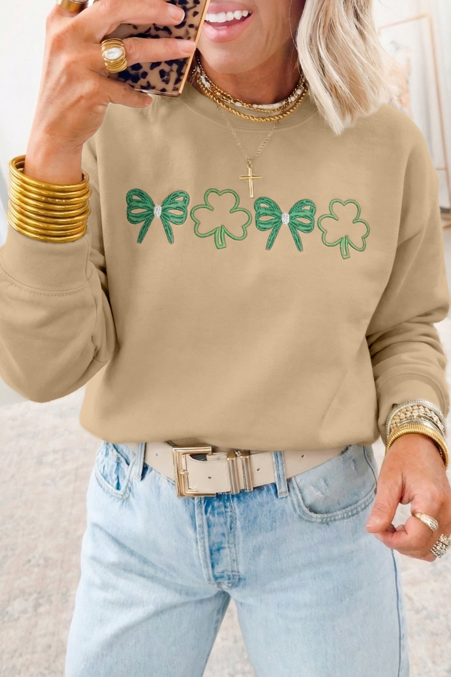 Khaki Embroidered Bow Clover St Patricks Fashion Sweatshirt - Aaria Tees Aaria Tees