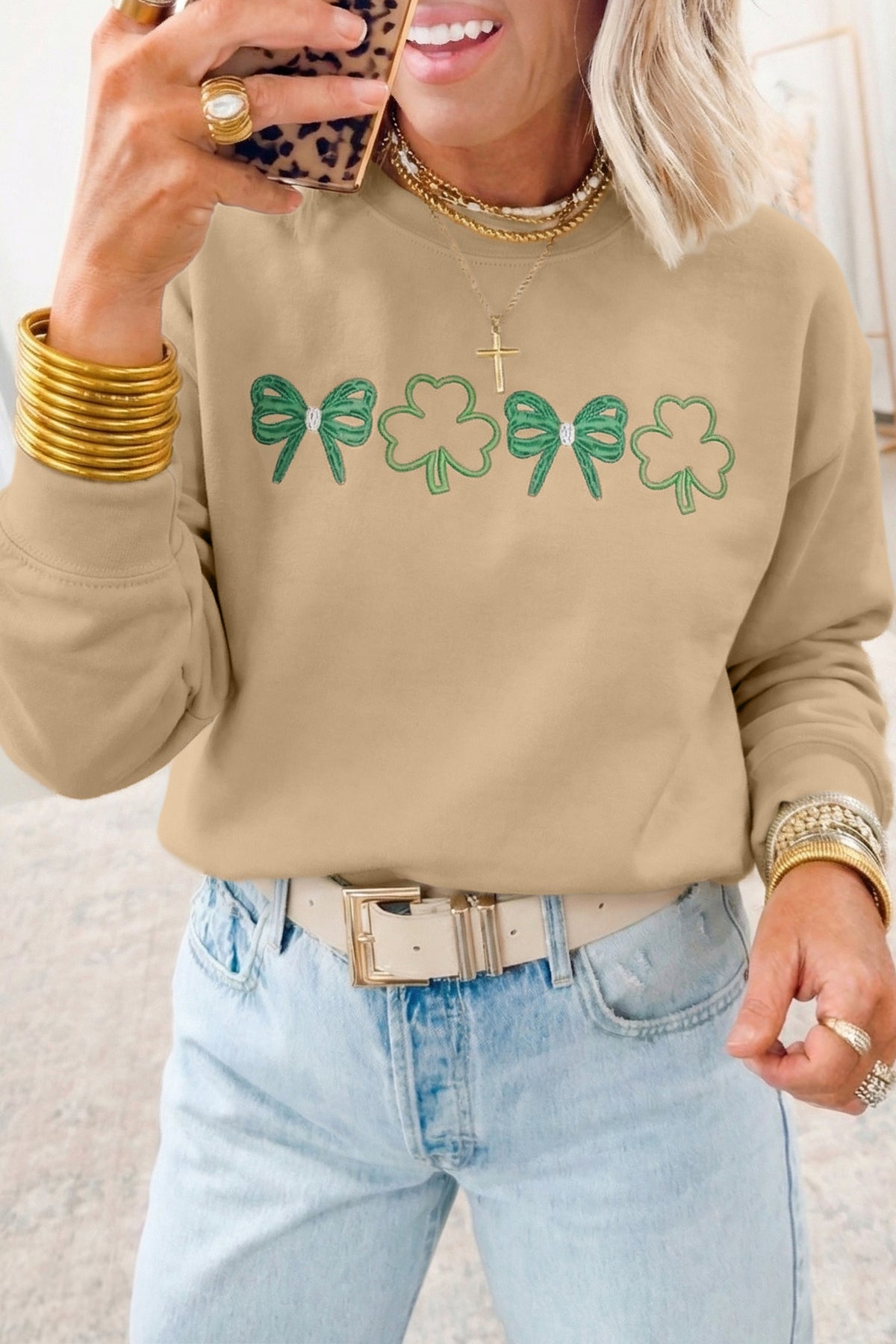 Khaki Embroidered Bow Clover St Patricks Fashion Sweatshirt - Aaria Tees