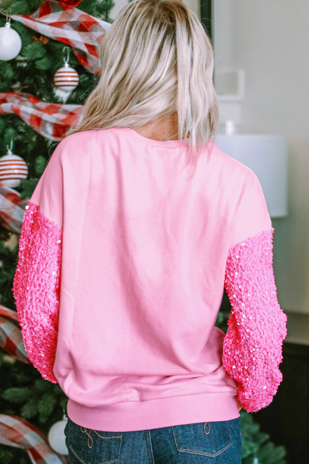 Pink Shiny Heart Shape love Print Sequined Sleeve Sweatshirt - Aaria Tees Aaria Tees