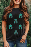 Black Western Turquoise Pattern Sequin Patched T Shirt Aaria Tees