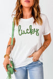 White Sequined Lucky St.Patricks Day Graphic Tee Aaria Tees
