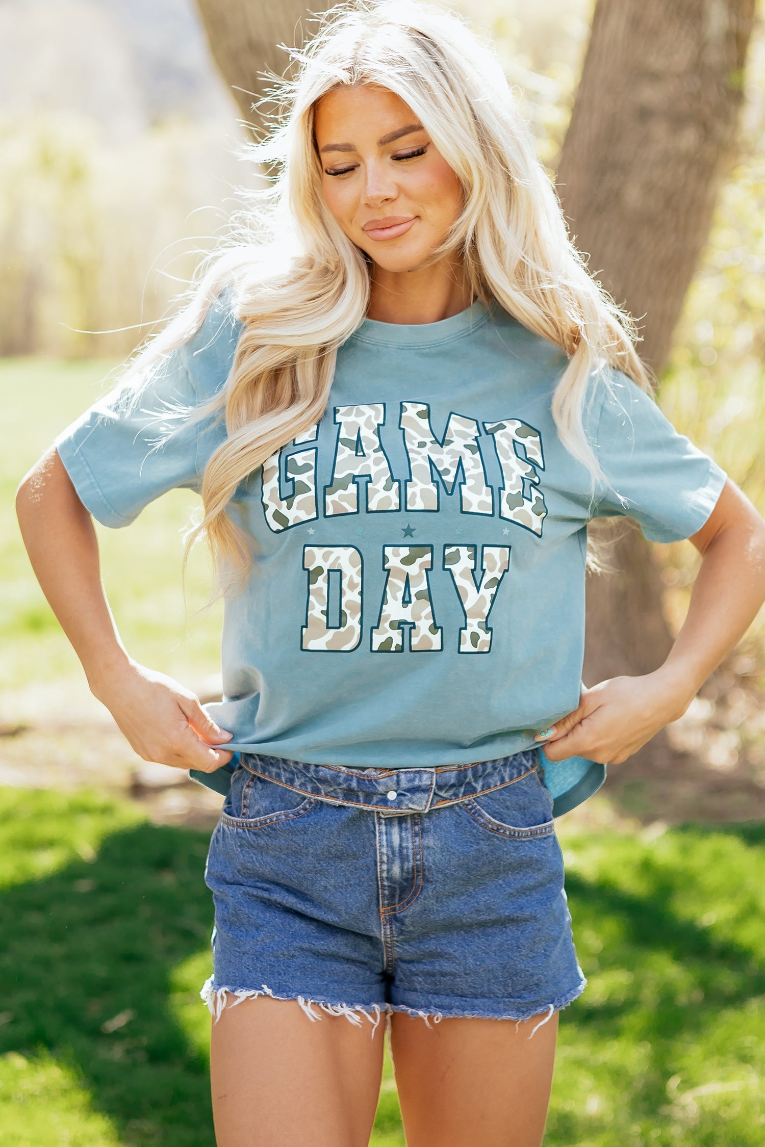 Stone Blue Camo GAME DAY Graphic T Shirt - Aaria Tees Aaria Tees