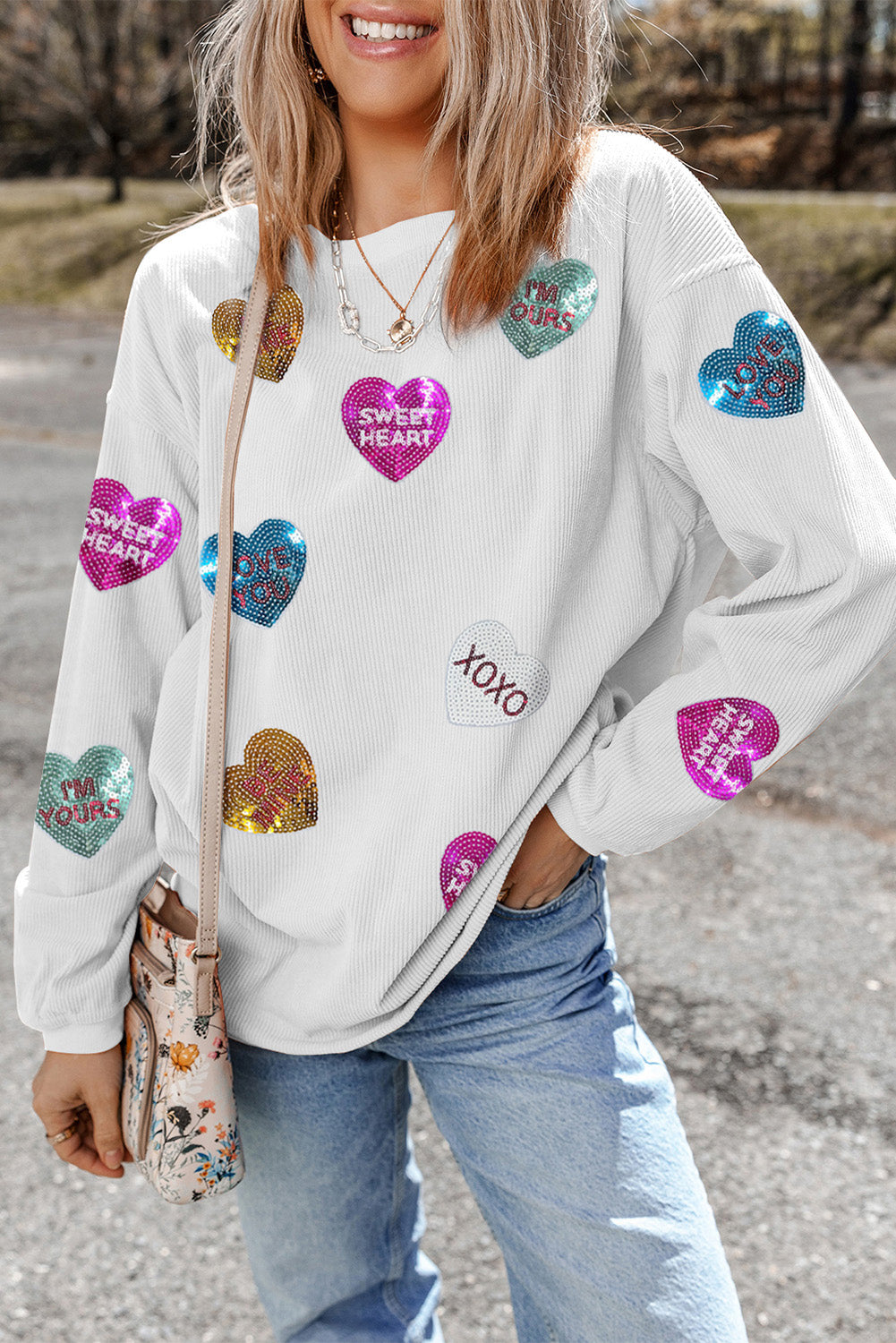 White Valentines Slogan Heart Sequin Corded Baggy Sweatshirt - Aaria Tees Aaria Tees