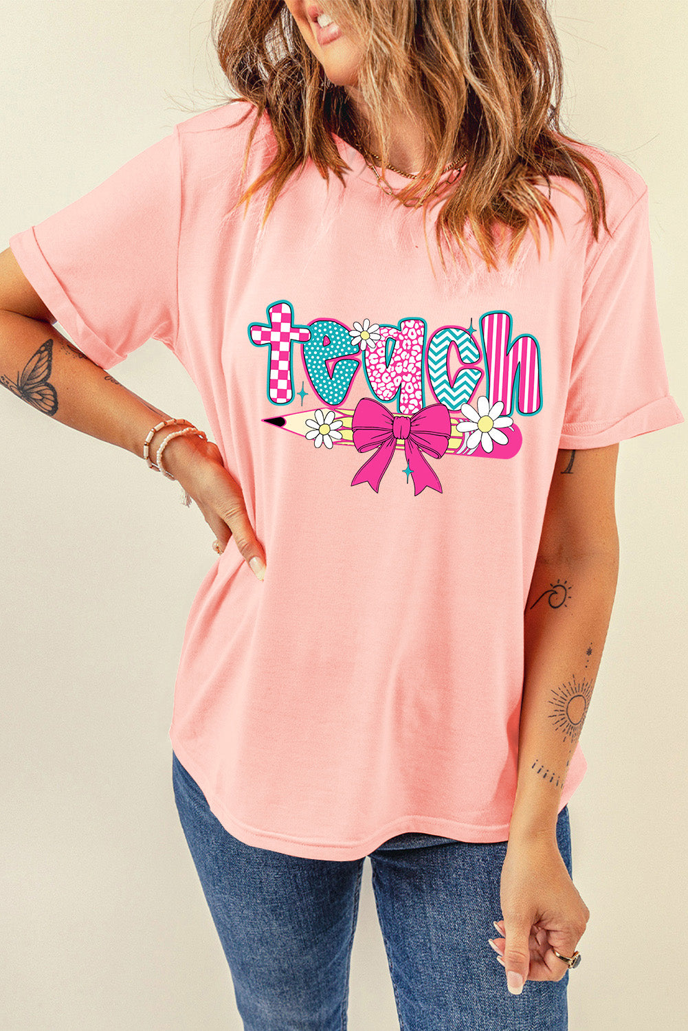 Pink Preppy Retro Checkered Coquette Teach Graphic T-Shirt - Aaria Tees Aaria Tees