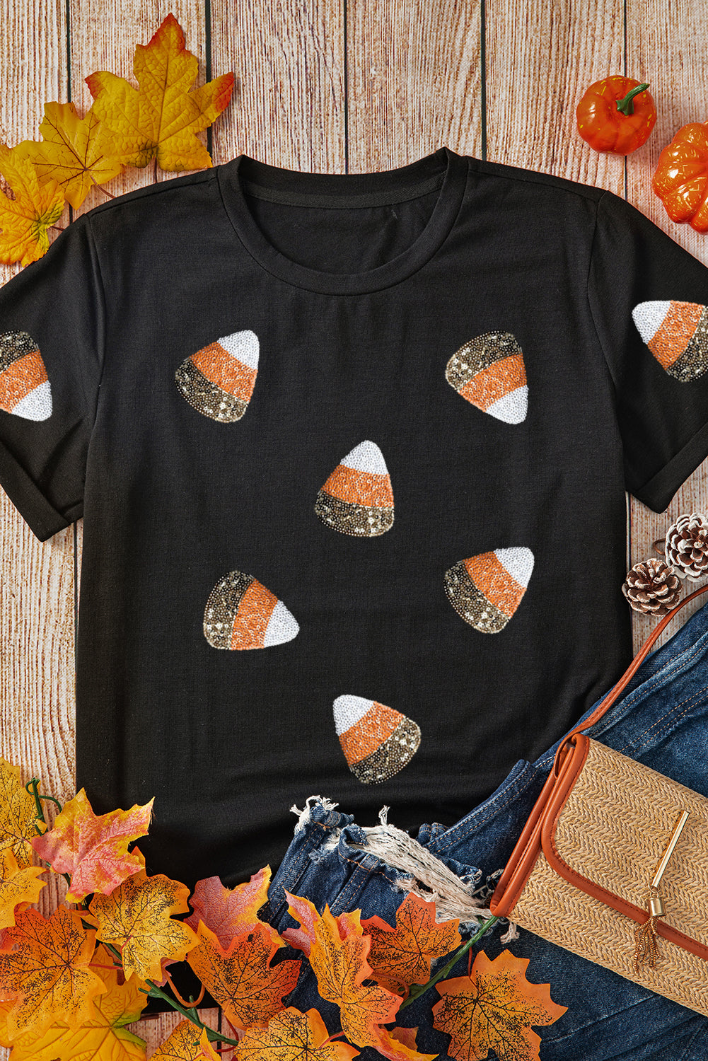 Black Sequin Candy Patched Pattern Halloween T Shirt - Aaria Tees Aaria Tees