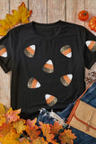 Black Sequin Candy Patched Pattern Halloween T Shirt - Aaria Tees Aaria Tees