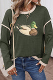 Four Leaf Clover Mallard Duck Graphic Contrast Trim Patchwork Casual Knit Top Aaria Tees