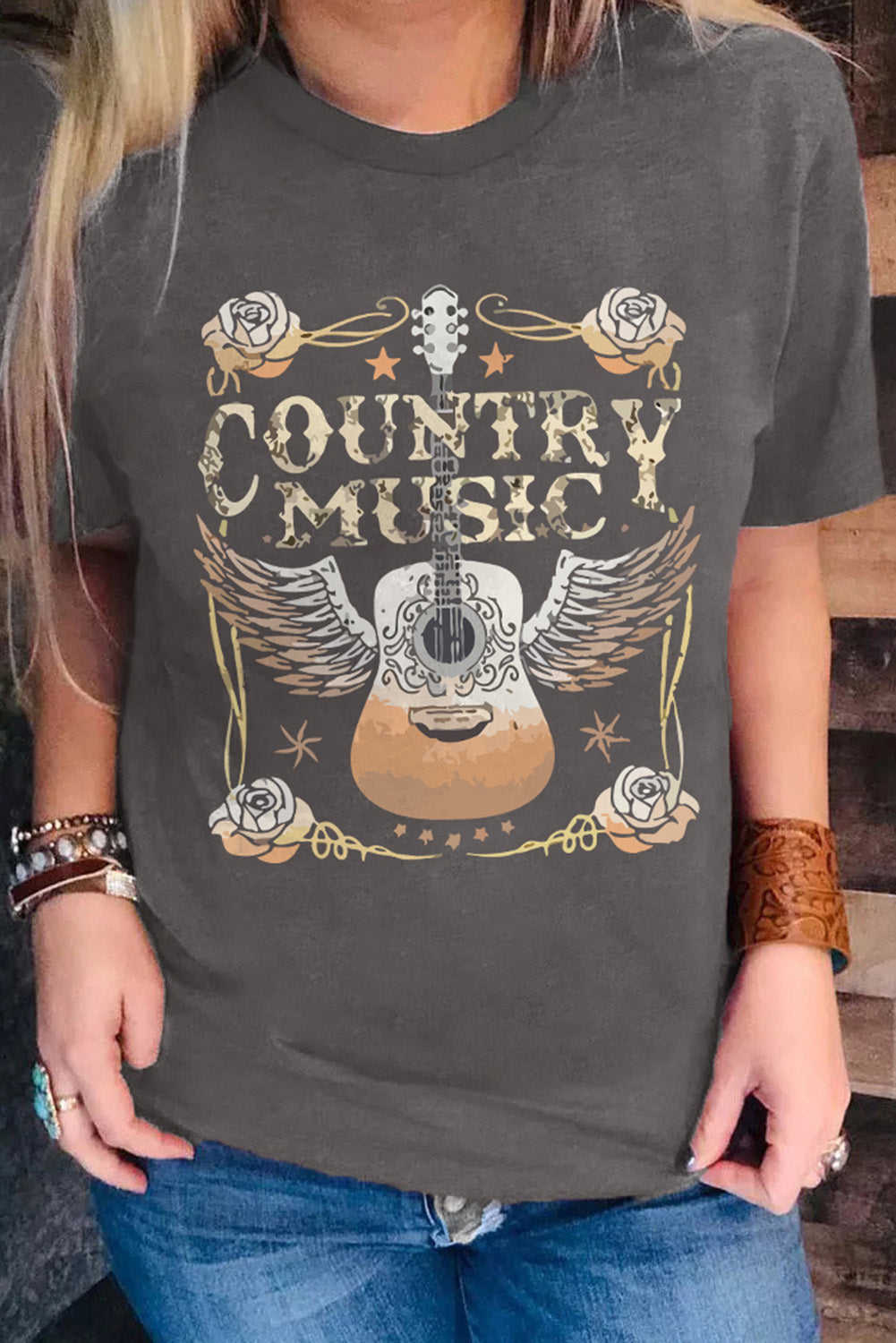 Gray COUNTRY MUSIC Guitar Graphic Print Crew Neck T Shirt - Aaria Tees Aaria Tees