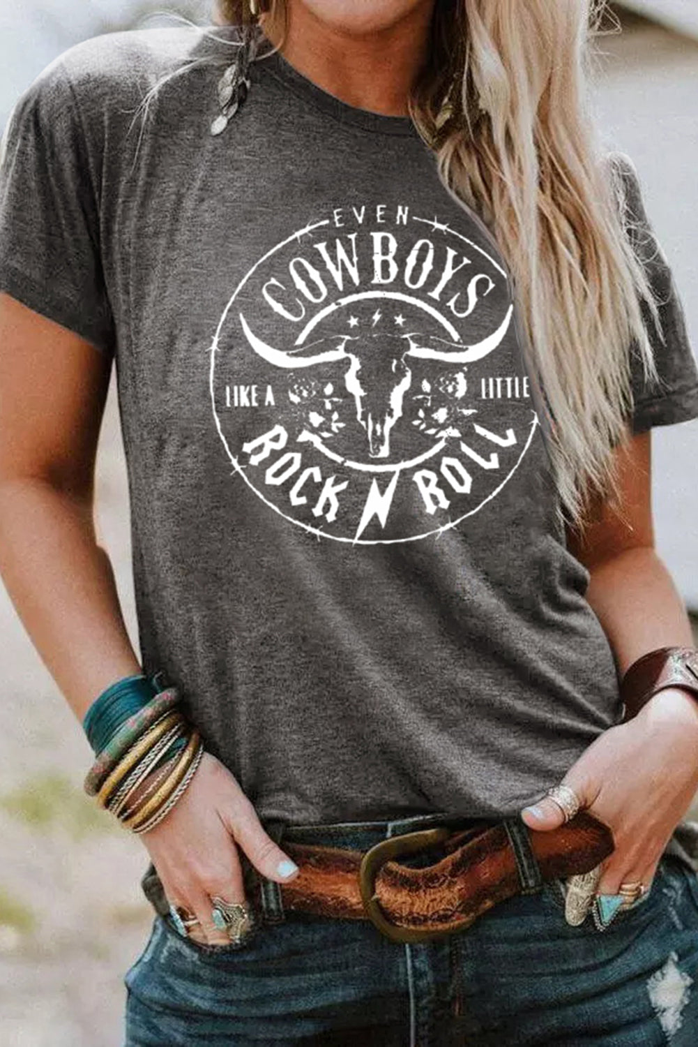 Gray Western Letter Steer Head Graphic Tee - Aaria Tees Aaria Tees