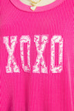 Strawberry Pink Twisted Ribbed Long Sleeve XOXO Bow Print Embroidered Patch Graphic Top - Aaria Tees Aaria Tees