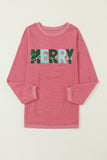 Strawberry Pink MERRY Christmas Chenille Embroidered Corded Sweatshirt Aaria Tees