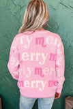 Pink All Over Merry Me Graphic Round Neck Knit Sweater Aaria Tees