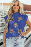 Sky Blue Game Day Sequin Bow High Neck Short Sleeve Top - Aaria Tees Aaria Tees