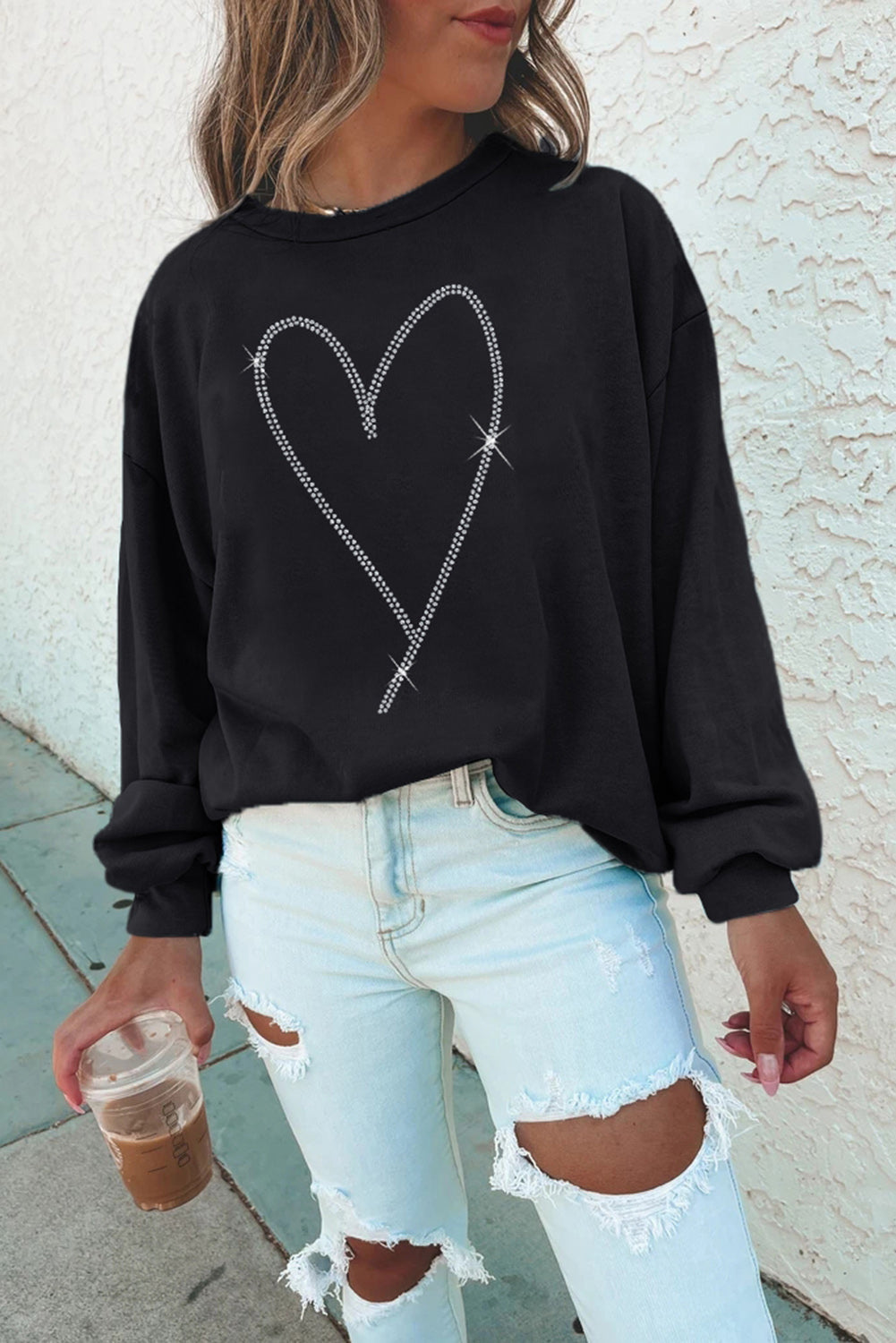 Black Rhinestone Heart Pattern Valentines Fashion Sweatshirt - Aaria Tees