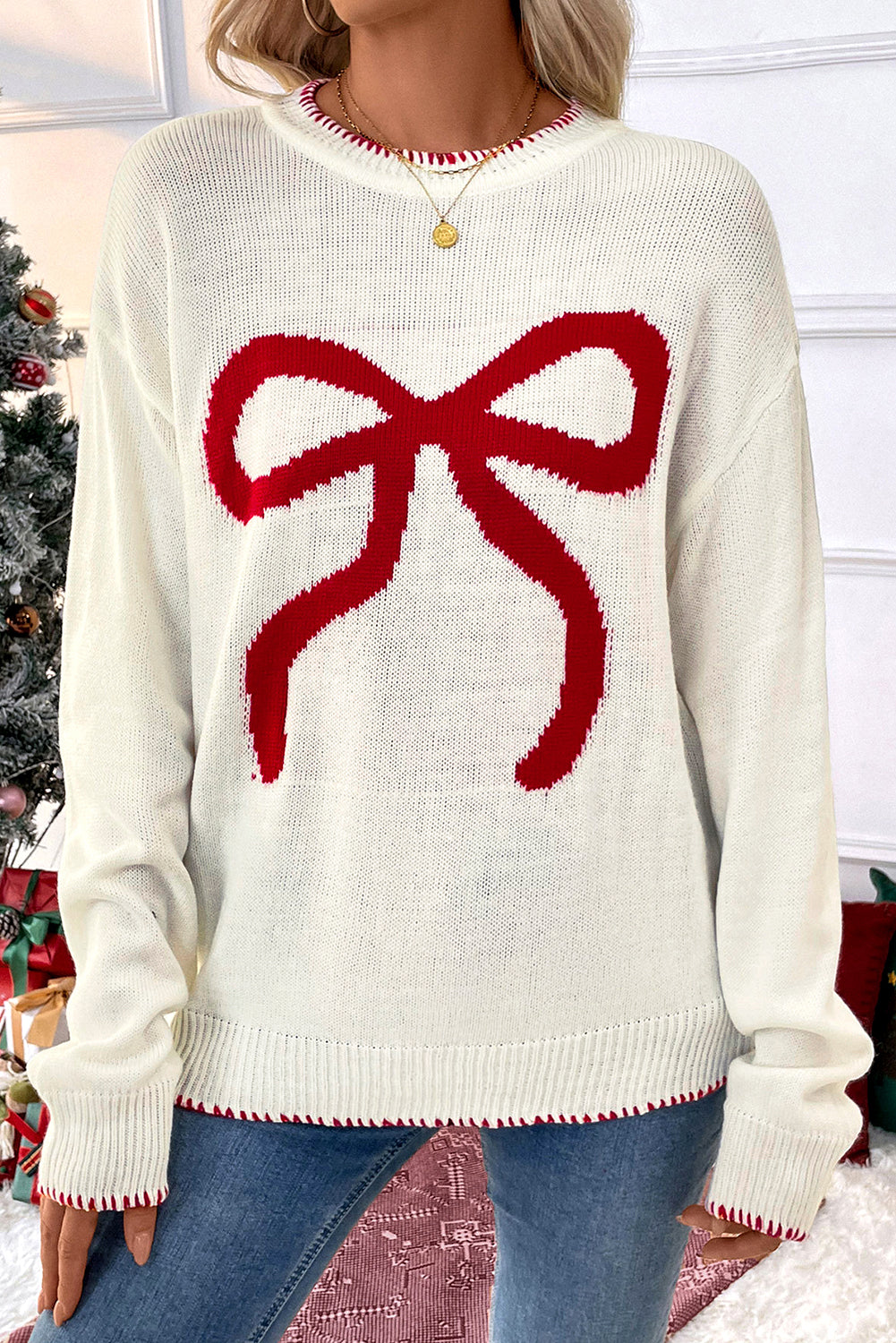 White Bow Pattern Contrast Trim Christmas Loose Graphic Sweater - Aaria Tees Aaria Tees