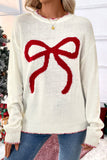 White Bow Pattern Contrast Trim Christmas Loose Graphic Sweater - Aaria Tees Aaria Tees
