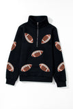 Black Sequin Rugby Football Patched Quarter Zip Textured Sweatshirt Aaria Tees