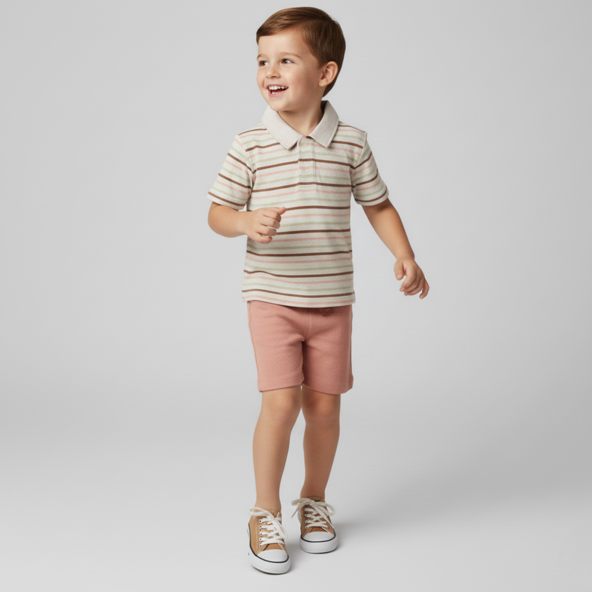Organic Collar Tee & Shorts Set - Terra Stripes - Aaria Tees