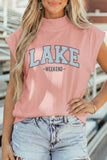 Pink Lake Weekend Graphic High Neck Short Sleeve Top Aaria Tees