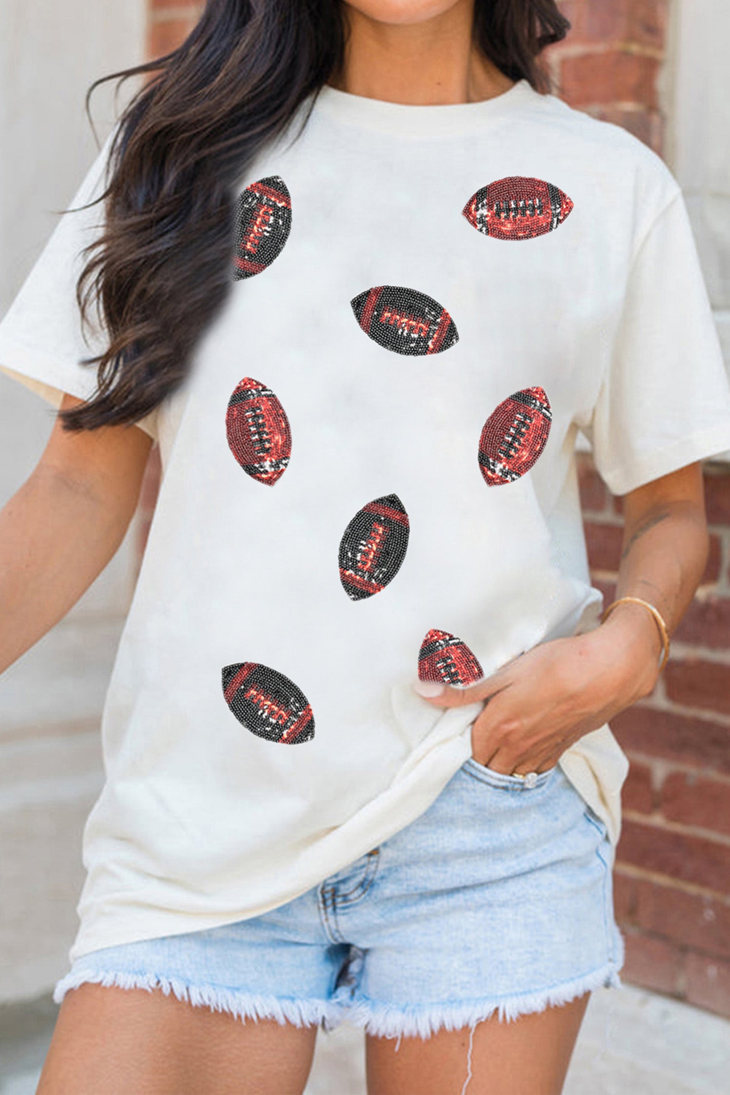 White Sequin Rugby Pattern Round Neck Casual T Shirt - Aaria Tees Aaria Tees