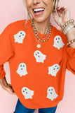 Orange Sequin Halloween Ghost Patched Drop Shoulder Sweatshirt Aaria Tees