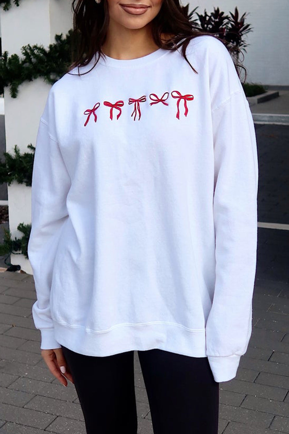 White Diverse Bow Embroidery Drop Shoulder Sweatshirt - Aaria Tees