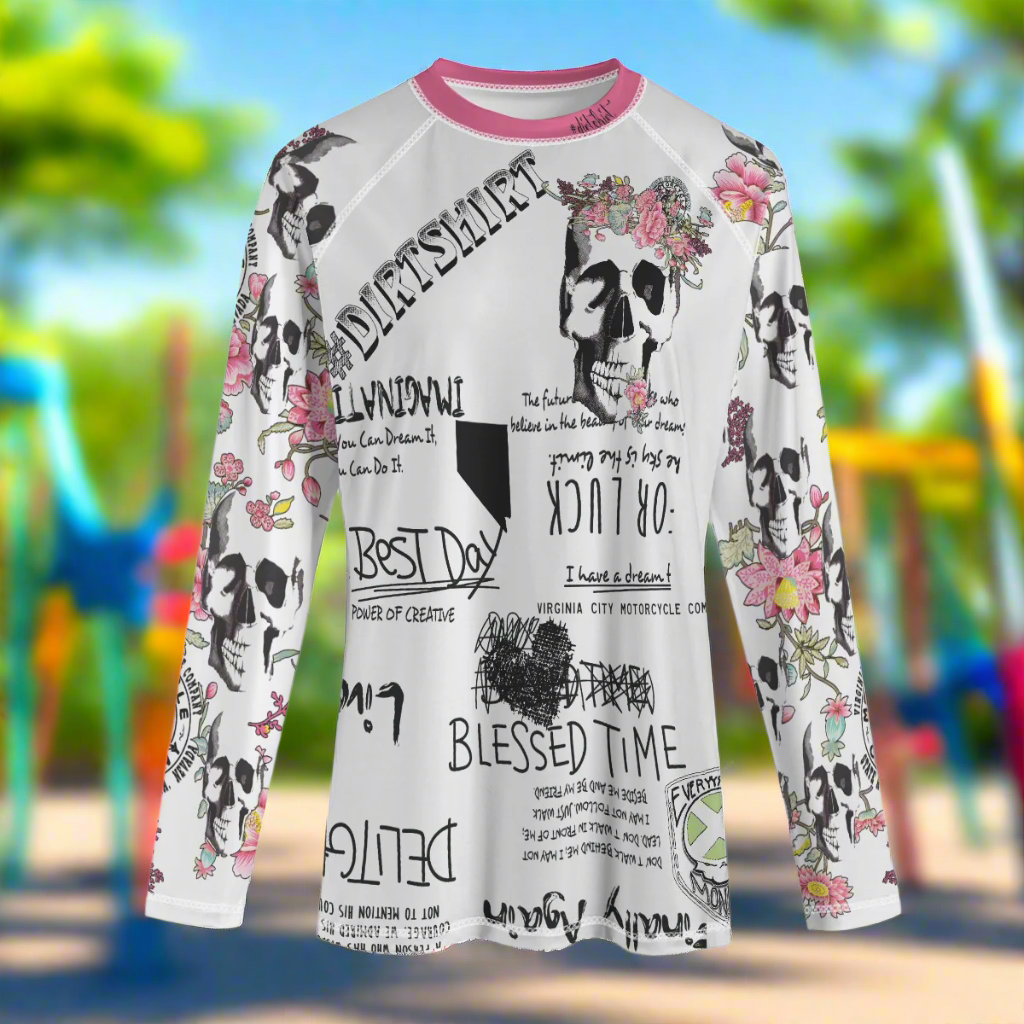 Girl's Pink Flower Skull #dirtshirt T-Shirt | Dirt Bike Riding Shirt | Young Adult Motocross Tee - Aaria Tees Aaria Tees