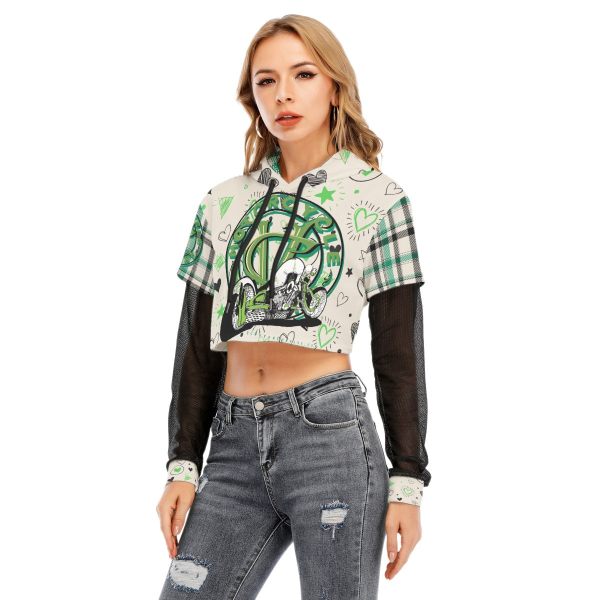 Rayne- One Bad Ass Bike - Girls Green Crop Top Motorcycle Hoodie - Aaria Tees Aaria Tees