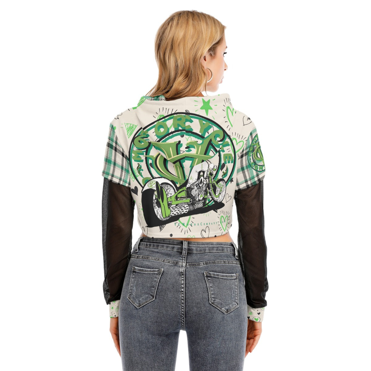 Rayne- One Bad Ass Bike - Girls Green Crop Top Motorcycle Hoodie - Aaria Tees Aaria Tees