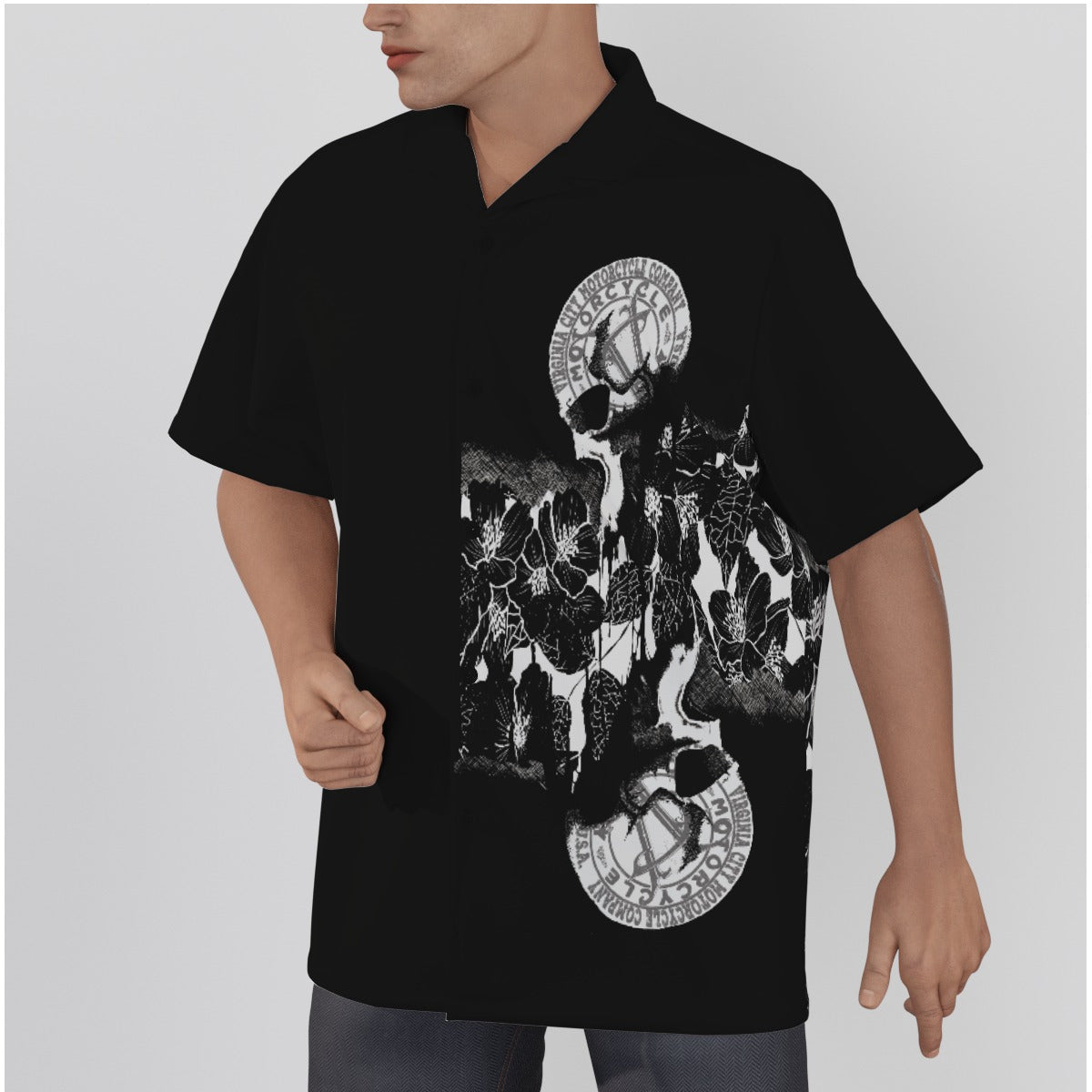 Men's Black and Skull Hawaiian Button Up Shirt |Year-Round Biker Style - Aaria Tees Aaria Tees