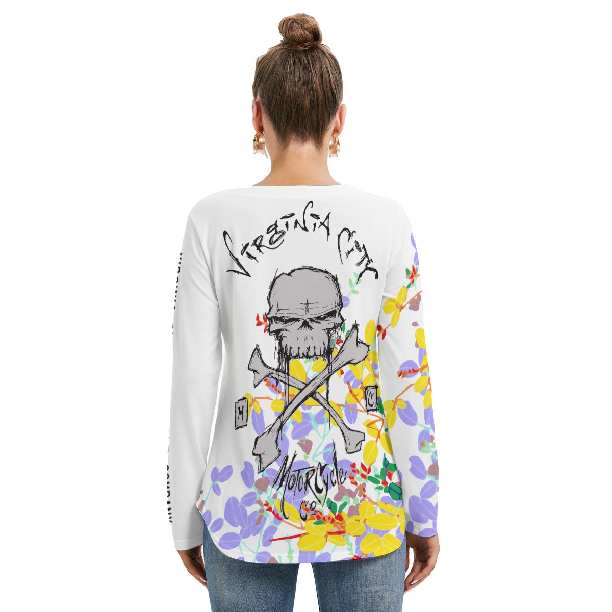 Skull & Crossbones - Women's Long Sleeve Neckline Tie Skull Sweatshirt - Aaria Tees Aaria Tees