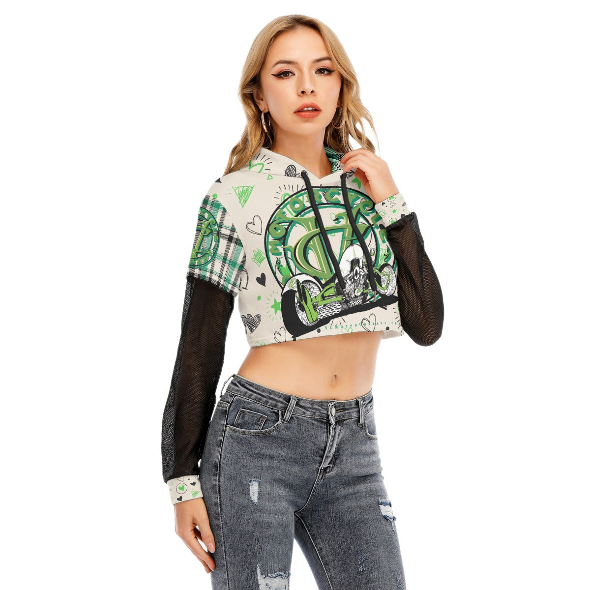 Rayne- One Bad Ass Bike - Girls Green Crop Top Motorcycle Hoodie - Aaria Tees Aaria Tees