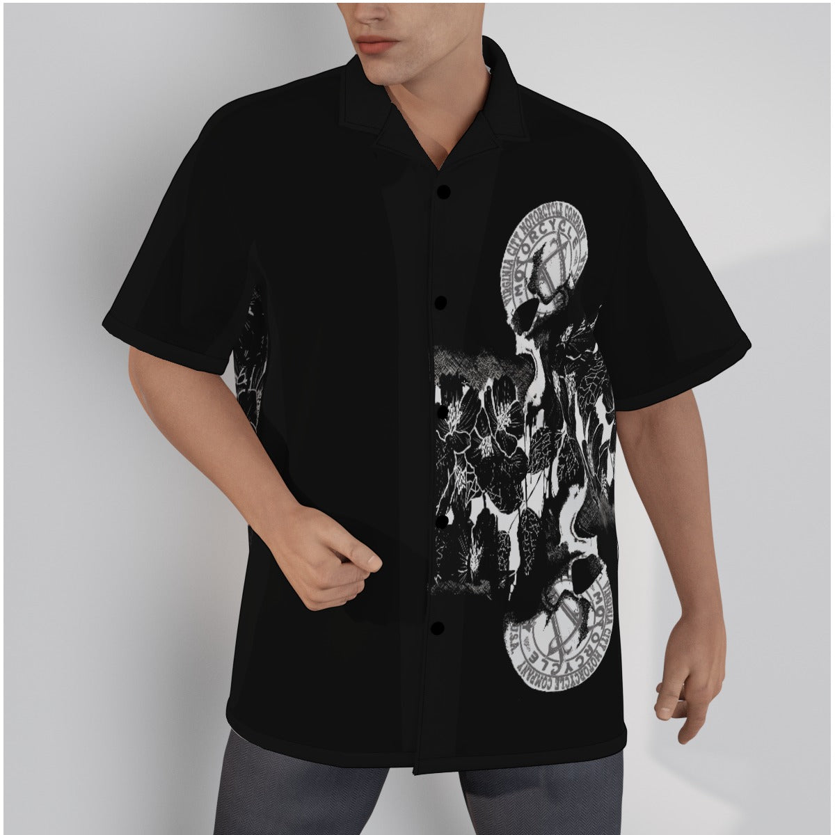 Men's Black and Skull Hawaiian Button Up Shirt |Year-Round Biker Style - Aaria Tees Aaria Tees