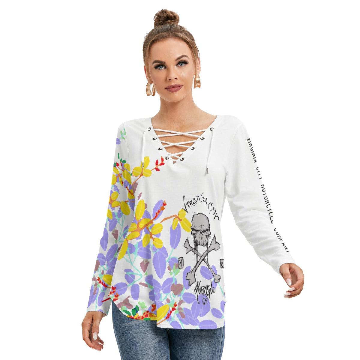 Skull & Crossbones - Women's Long Sleeve Neckline Tie Skull Sweatshirt - Aaria Tees Aaria Tees