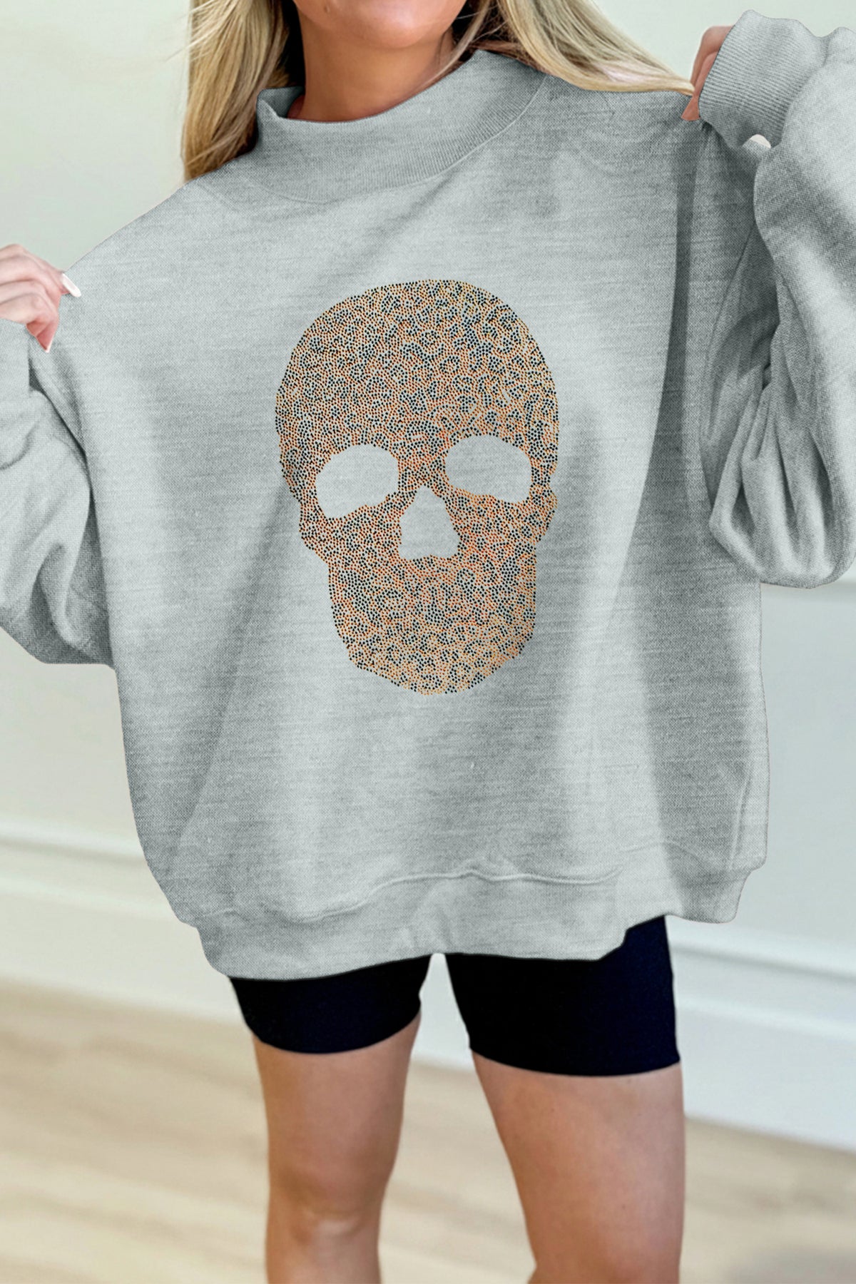 Gray Halloween Rhinestone Skull Graphic Mock Neck Baggy Pullover Sweatshirt
