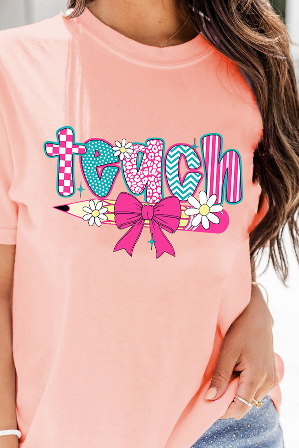 Pink Preppy Retro Checkered Coquette Teach Graphic T-Shirt - Aaria Tees Aaria Tees