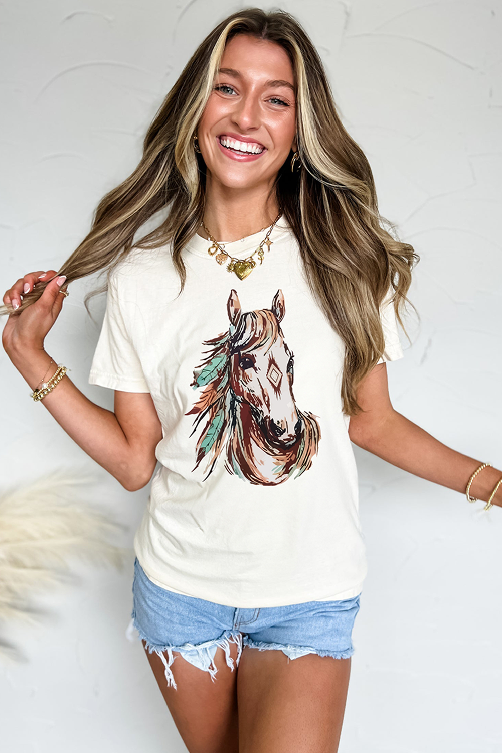 White Western Aztec Horse Graphic Crewneck Tee - Aaria Tees Aaria Tees