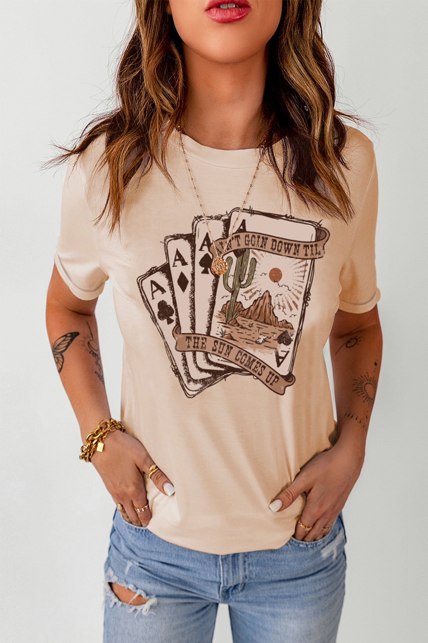 Khaki Western Poker Cards Graphic T Shirt - Aaria Tees Aaria Tees