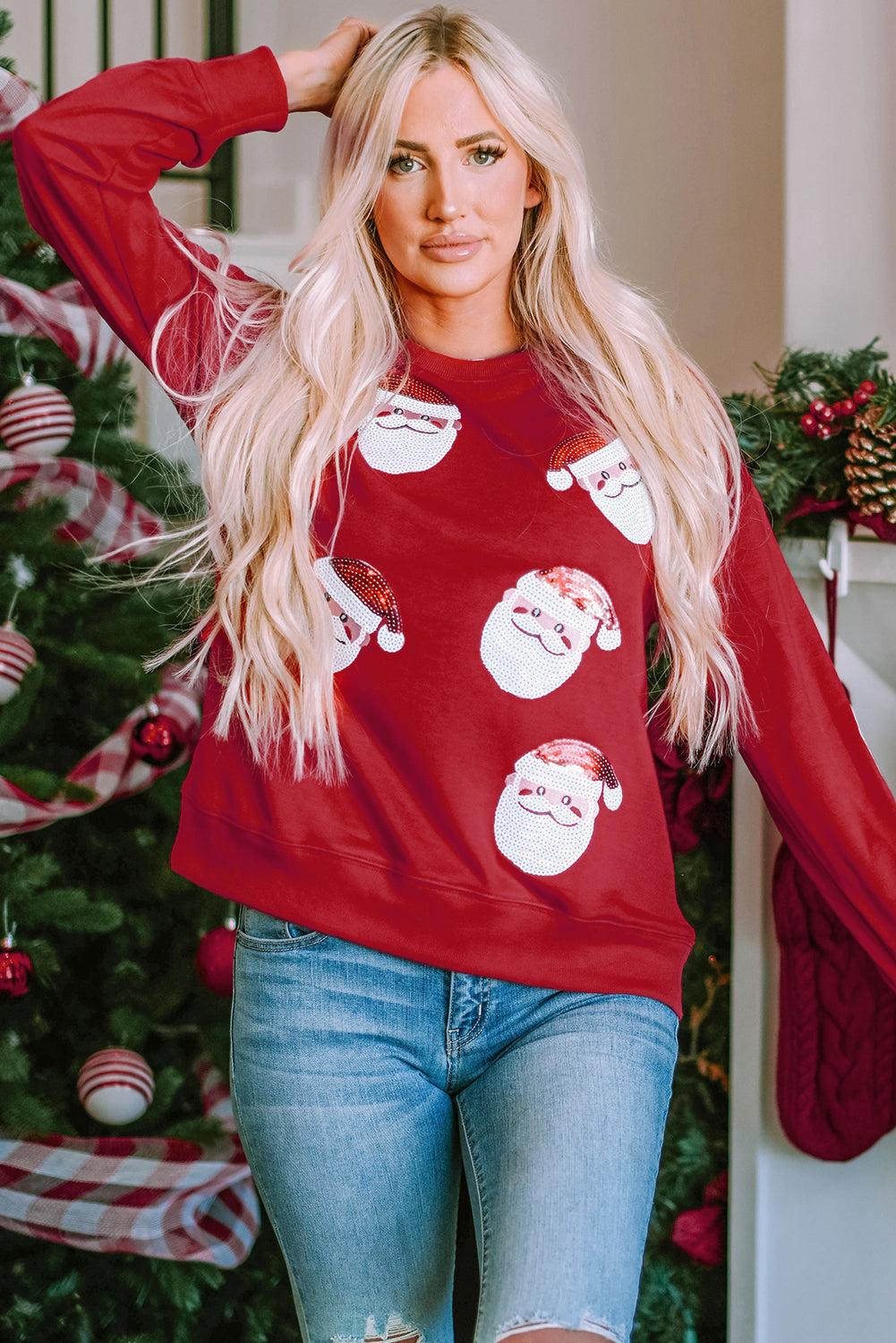 Fiery Red Santa Claus Sequin Graphic Sweatshirt - Aaria Tees Aaria Tees