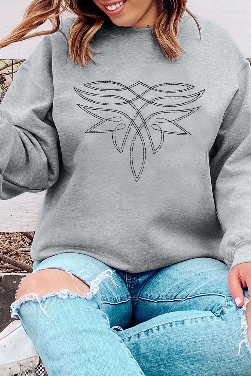 Gray Western Pattern Embroidered Drop Shoulder Pullover Top - Aaria Tees Aaria Tees