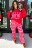 Red Christmas Slogan Graphic Plaid Contrast Two-piece Pant Set Aaria Tees