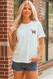 White Game Day Bowknot Embroidered Graphic Casual Tee Aaria Tees