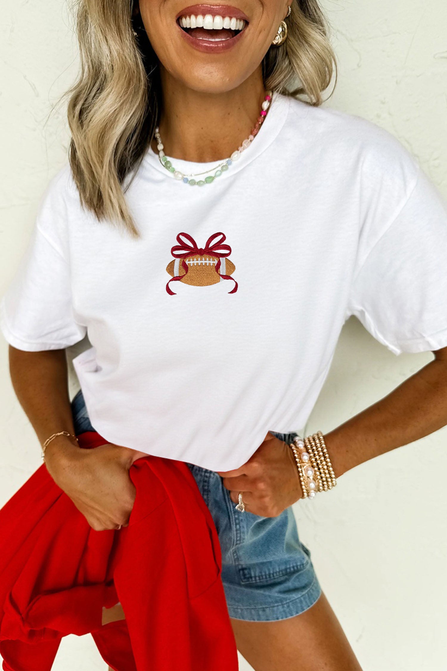 White Embroidered Bow Rugby Graphic Casual T-Shirt - Aaria Tees Aaria Tees