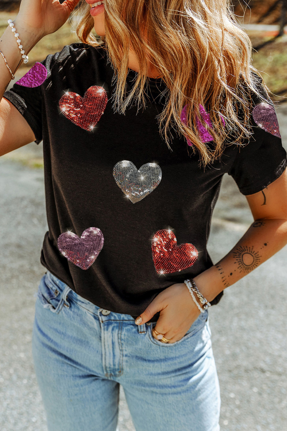 Black Sequin Heart Patched Pattern Crewneck Valentines Tee - Aaria Tees