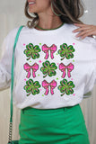 White St Patrick Shamrock Bowknot Printed Crewneck Tee Aaria Tees