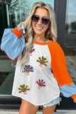 Light Grey Thanksgiving Turkey Sequin Graphic Color Block Long Raglan Sleeve Top Aaria Tees